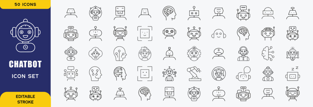 Chatbot icon set. Editable line icons. Vector illustration.