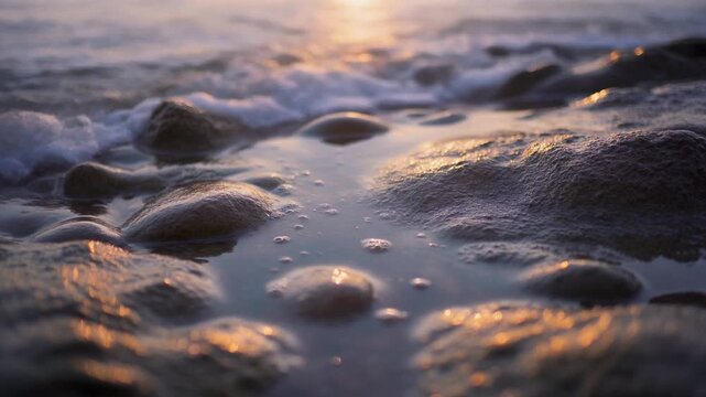 Golden sunset glow shimmering over coastal tide pools and rocks evokes serenity perfect for travel marketing and wellness advertising