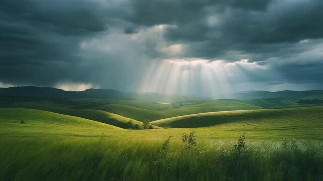 Radiant light beams breaking through storm clouds over rolling green fields symbolize hope and triumph perfect for corporate video and inspirational advertising
