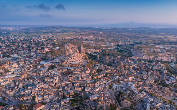 Aerial View of Uchisar Castle and Goreme Landscape in Cappadocia Nevsehir Turkey with Fairy Chimneys and Volcanic Rock Formations