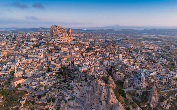 Aerial View of Uchisar Castle and Goreme Landscape in Cappadocia Nevsehir Turkey with Fairy Chimneys and Volcanic Rock Formations