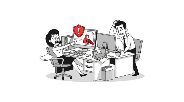 Two distressed office workers facing computer security breach and lockout.