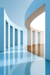 Obraz premium Abstract modern architectural corridor with curved columns, reflective floor and soft natural light