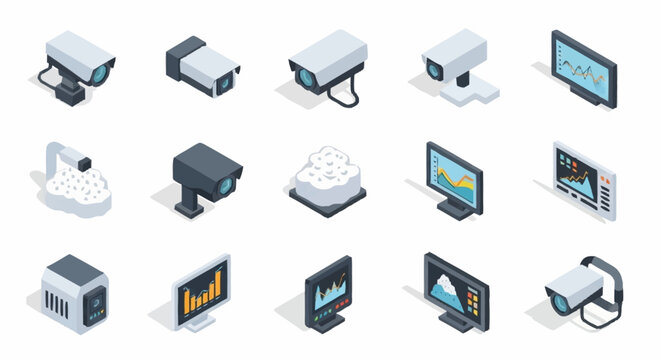 Isometric icons of surveillance cameras and computer monitors.
