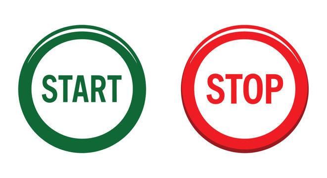 Start Button and Stop Button Glossy Circle Icons in Green and Red, User Interface Controls, Media Playback, Power Functions, and Navigation Vector Illustration.