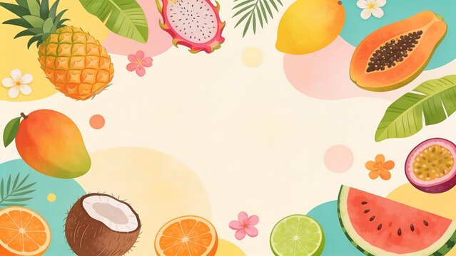 Tropical fruit border frame with pineapple mango coconut papaya dragon fruit and watermelon. Perfect for summer beach party posters juice labels health blogs and organic food packaging.