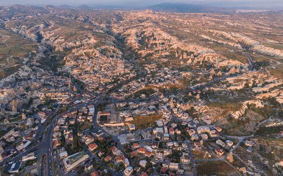 Aerial View of Uchisar Castle and Goreme Landscape in Cappadocia Nevsehir Turkey with Fairy Chimneys and Volcanic Rock Formations