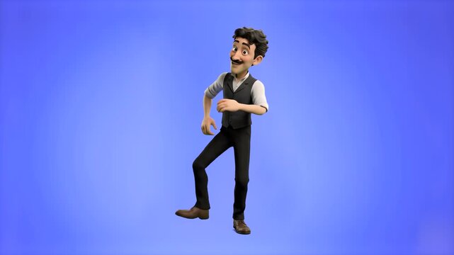 A stylish cartoon male character with a mustache wearing a vest dancing cheerfully isolated on a soft blue background. Suitable for entertaining commercial videos, party promos, funny cartoon edits, g