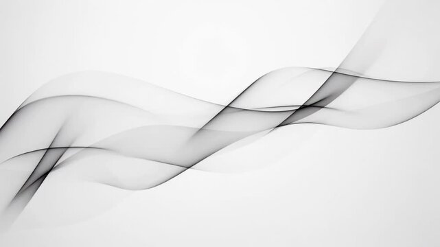 Graceful black and gray translucent waves gently flowing over a white background in smooth motion