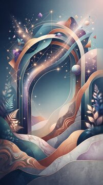 Vertical abstract illustration of cosmic and geometric elements. Surreal space background with arches, stars, planets, and botanical leaves. Mystical astrology and astronomy concept
