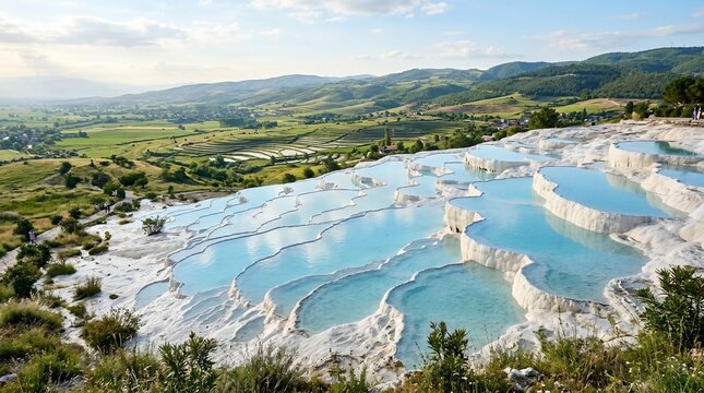 Travertine terraces and thermal pools in Pamukkale Turkey
