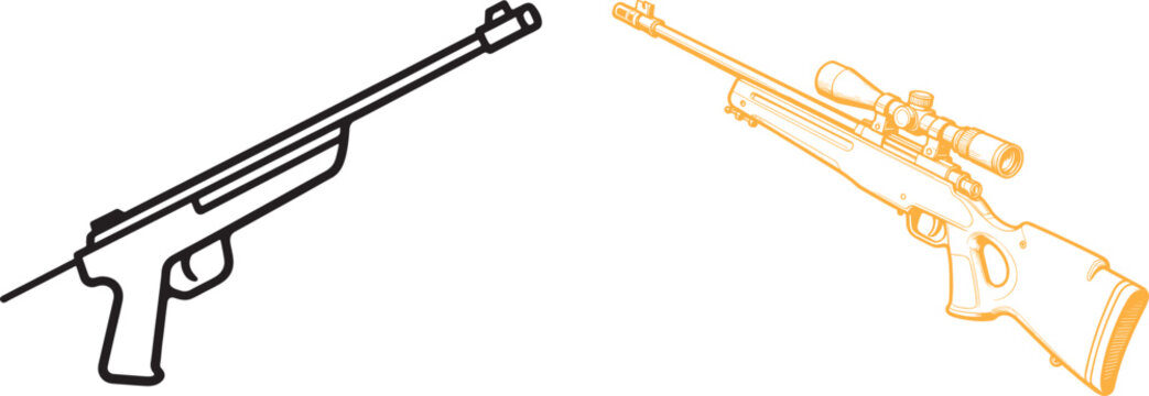 Sniper rifle and air gun vector icons set with hunting weapon illustrations for shooting sports and military design