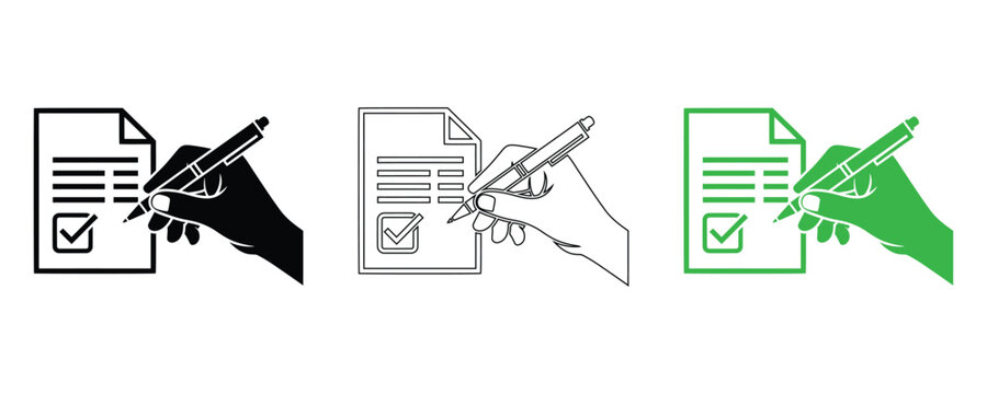 Document Approval Icon Set Vector &ndash; Black White Green Hand Signing Checklist