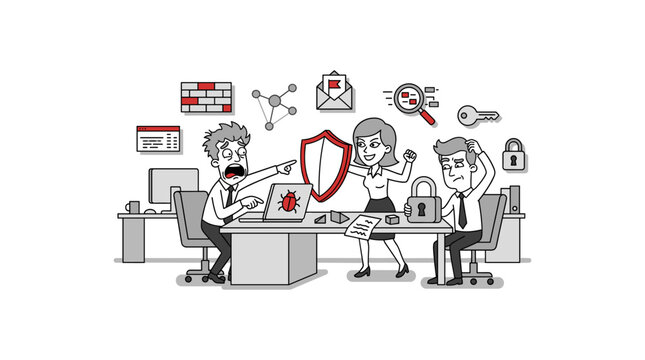 Office team protecting sensitive digital data from cyber security threats and malware bugs.