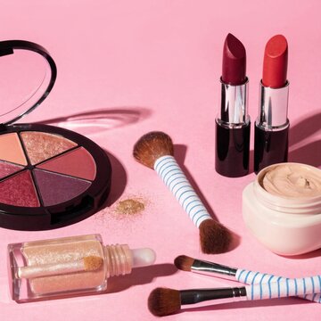 Make up products on pink background. Eyeshadow, highlighter, cream, lipsticks and cosmetic brushes.