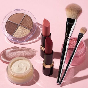 Make up products on pink background. Eyeshadow, highlighter, cream, lipsticks and cosmetic brushes.