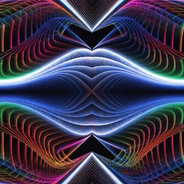 Abstract geometric neon lines background. Fractal render. Colorful glowing waves pattern.