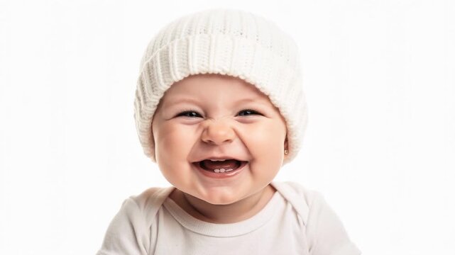 Joyful baby smiling brightly in cozy white knit hat and matching outfit in warm indoor setting