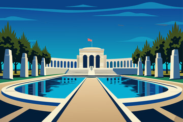 Obraz premium Illustration of the australian war memorial in canberra with a reflecting pool and trees under a blue sky