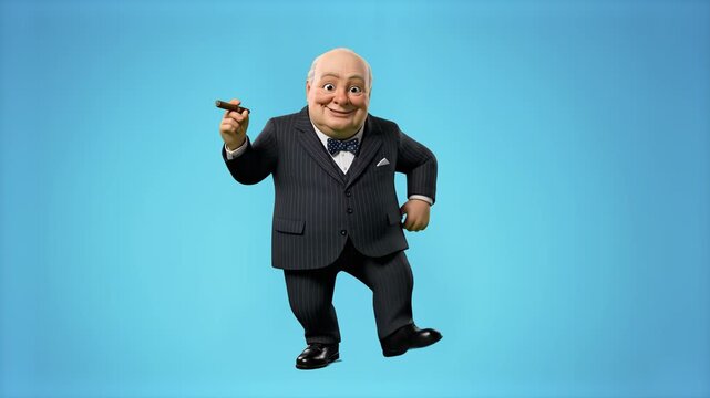 A funny 3D animated caricature of Winston Churchill in a black suit dancing happily and holding his signature cigar against a clean blue background. This stylized loop adds a playful, energetic, and h