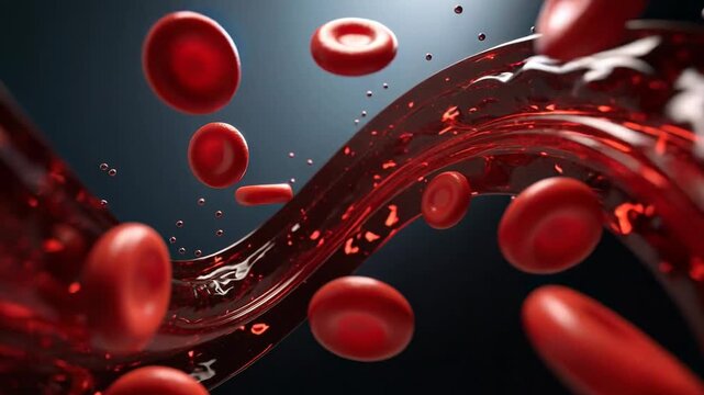 Smooth flowing red blood cells streaming through winding blood vessel animation