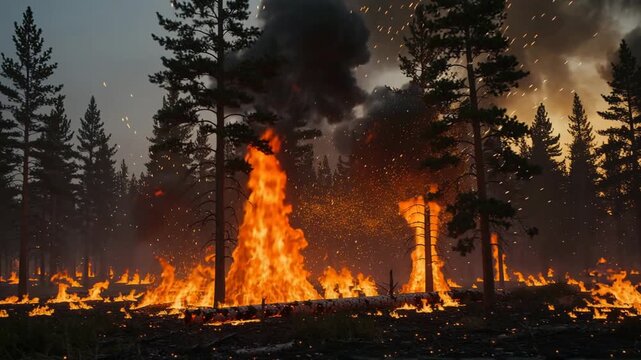 Fierce wildfire spreading rapidly through dense forest with flames engulfing tall trees and thick smoke
