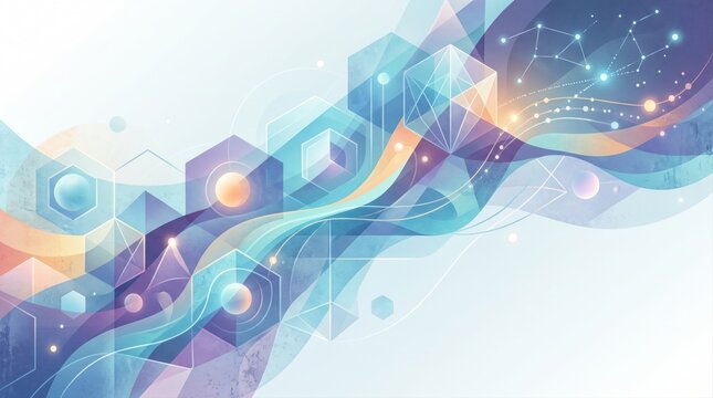 Abstract geometric background with flowing waves and glowing hexagons. Futuristic technology and science network concept. Copy space for text