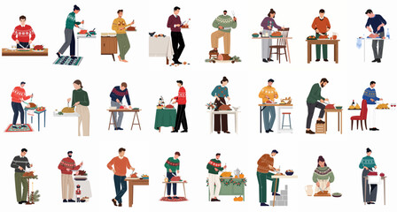 Fototapeta premium Set of diverse people in festive holiday sweaters carving turkeys and hams for traditional Christmas or Thanksgiving dinners, isolated on white backgrounds.