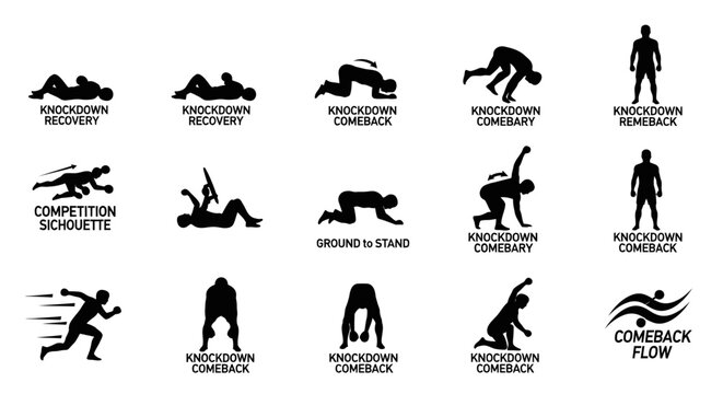Martial Arts Knockdown Recovery and Comeback Movement Silhouettes