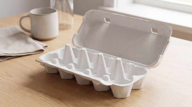 Empty recycled cardboard egg carton on wooden table in a minimalist kitchen, promoting sustainability and zero waste living