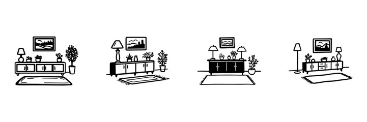 Fototapeta premium Living Room Interior Elements In Hand Drawn Style Set. Home Decor Doodle Sketch Collection. Ideal For Interior Design Projects And. Isolated Vector Illustration