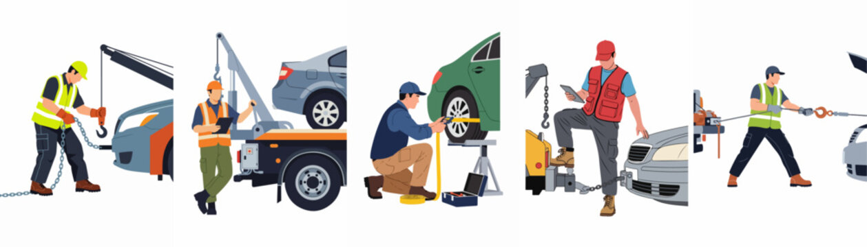 Flat vector illustrations showing professional tow truck operators providing roadside assistance and vehicle recovery services for broken down cars.
