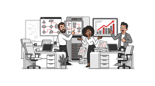 Technical support team troubleshooting server network and system architecture in office.