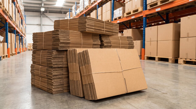 Stacks of flat packed cardboard boxes on a warehouse floor, preparing for packaging, shipping, and storage in a logistics facility
