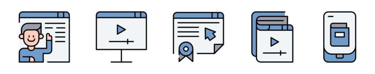 Conjunto de iconos de plataforma educativa. Representa aprendizaje digital. Incluye video, certificado, biblioteca multimedia, aplicación móvil y enseñanza. Ilustración vectorial © Frank