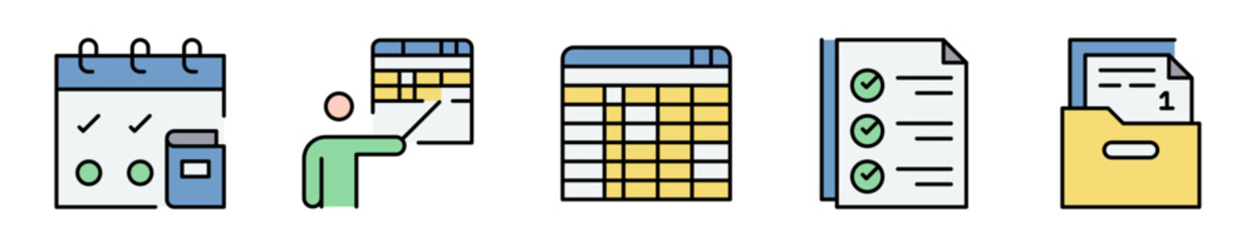 Conjunto de iconos de organizaci&oacute;n educativa. Representa planificaci&oacute;n acad&eacute;mica. Incluye calendario, documentos, programaci&oacute;n, listas y gesti&oacute;n escolar. Ilustraci&oacute;n vectorial