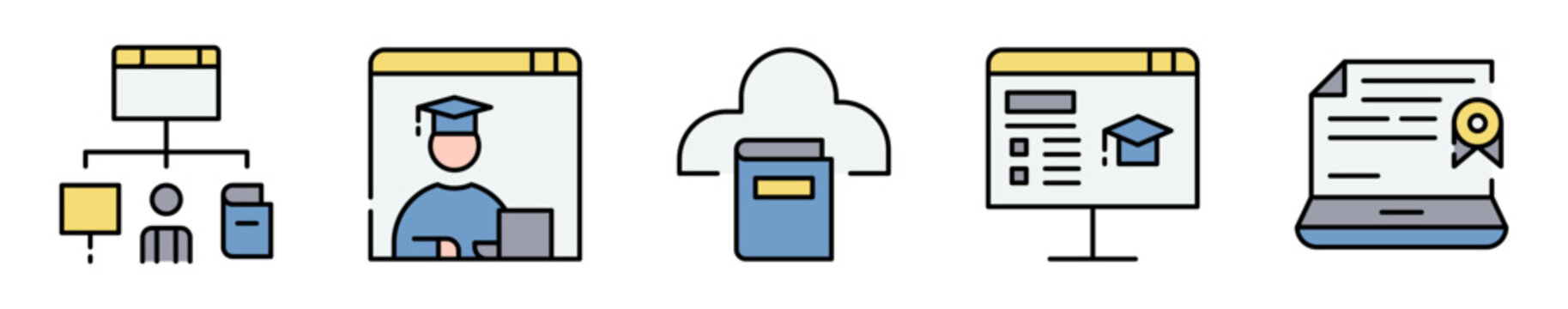Conjunto de iconos de educaci&oacute;n virtual. Representa formaci&oacute;n en l&iacute;nea. Incluye clases, graduaci&oacute;n, certificados, nube y aprendizaje digital. Ilustraci&oacute;n vectorial