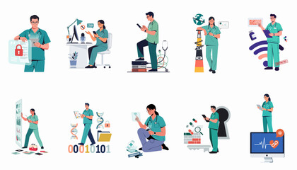 Fototapeta premium Modern medical professionals interacting with digital healthcare concepts including data security, genetic research, and global connectivity in a flat vector illustration style.