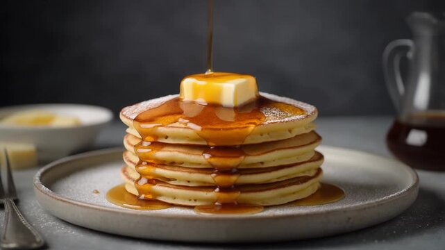 A stack of golden-brown pancakes topped with butter square and cascading syrup, served on a light plate with butter bowl and syrup pitcher in background, set against dark backdrop highlighting warmth.