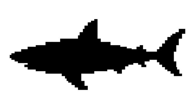 Pixelated shark silhouette icon for retro gaming assets.