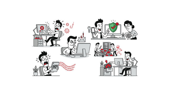 Cyber security concept people dealing with online threats computer viruses.