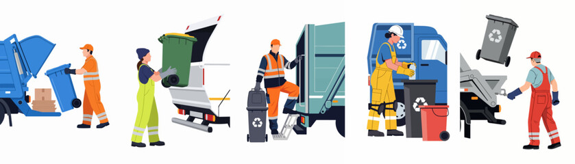 Vector illustration set of waste management workers and garbage collectors loading trash bins into trucks for recycling and city cleaning services. © Andres