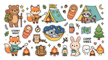 Fototapeta premium Cute cartoon animal camping sticker set with woodland creatures and camping equipment.