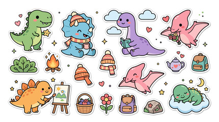 Fototapeta premium Cute Cartoon Dinosaur Sticker Set Collection.
