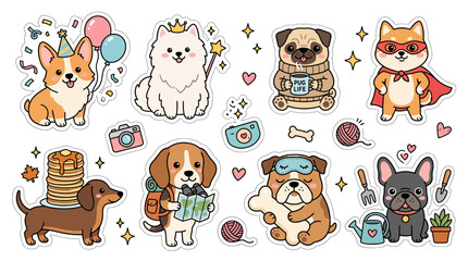 Obraz premium Cute cartoon dog sticker set with various breeds and activities.