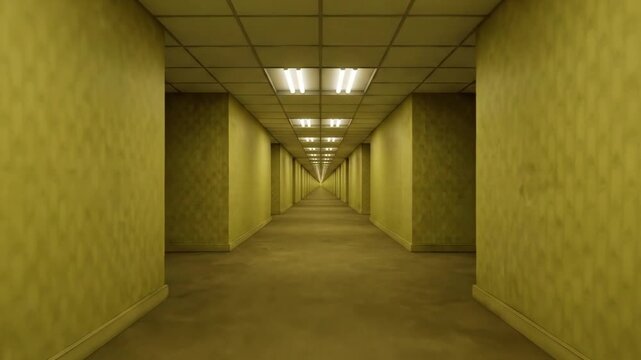 A first-person perspective moving down an endless, eerie yellow hallway with glowing ceiling tiles, replicating the popular backrooms aesthetic. This 3D animated loop creates a surreal, liminal space 