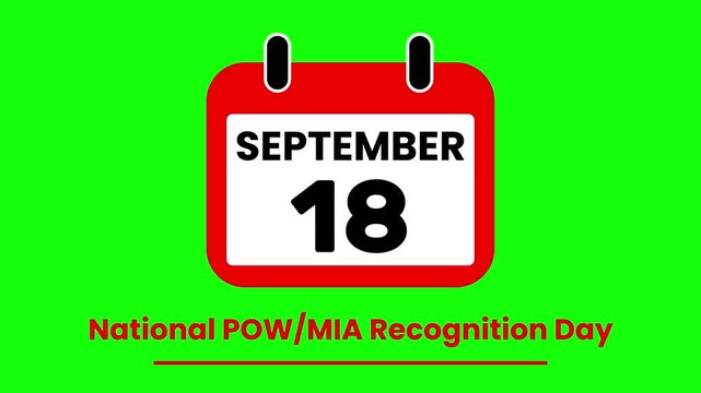 Animated Calendar Flipping to September 18 National POW/MIA Recognition Day Event Countdown on green screen.