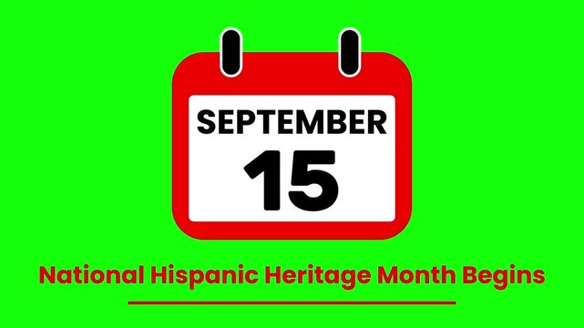 Animated Calendar Flipping to September 15 National Hispanic Heritage Month Begins Event Countdown on green screen.