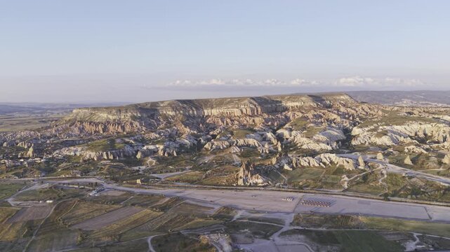 Drone Footage of Uchisar Castle and Goreme View in Cappadocia Nevsehir Turkey with Fairy Chimneys and Scenic Valleys