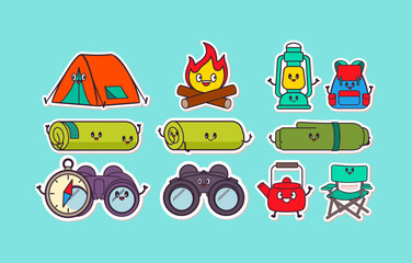 Naklejka premium Cute camping equipment sticker set with kawaii cartoon characters concept including tent campfire backpack and binoculars illustration